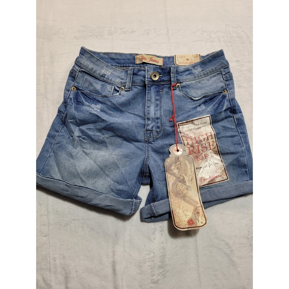NWT Elite Jeans High Rise Denim Shorts Womens 5/6 Blue‎ Distressed Cuffed